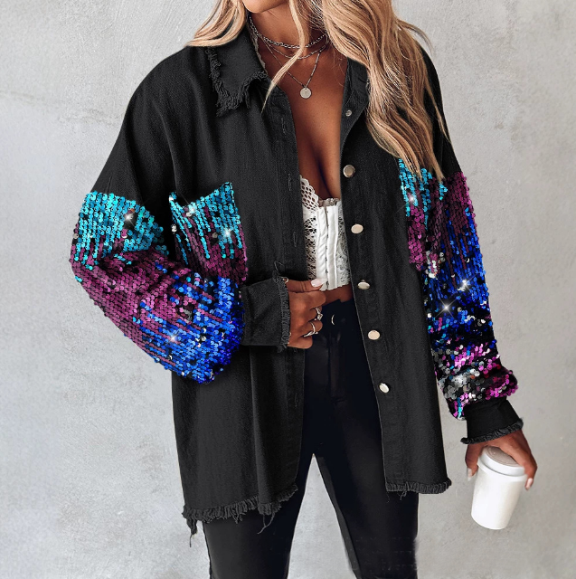 Temperament Bead Splicing Long Sleeved Jacket