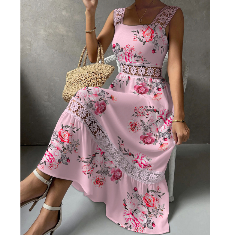 Lace Splicing Printing Sleeveless Dress