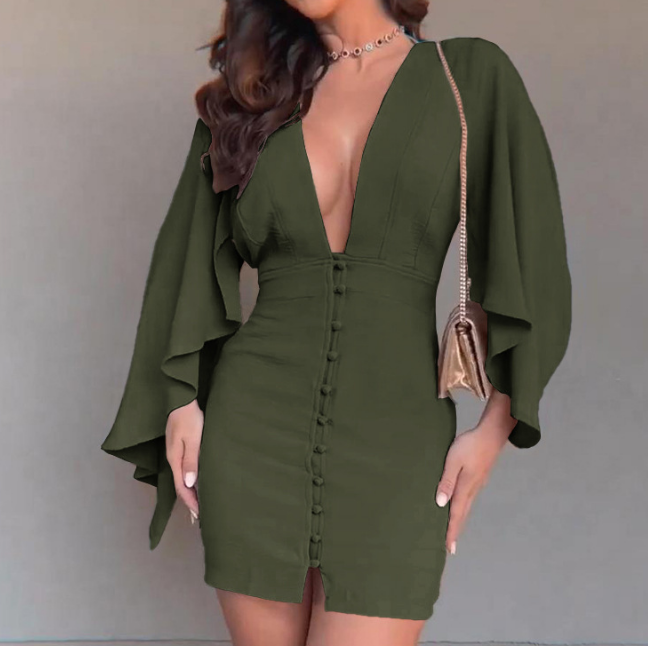 Deep V-Neck Long Sleeved Backless Dress