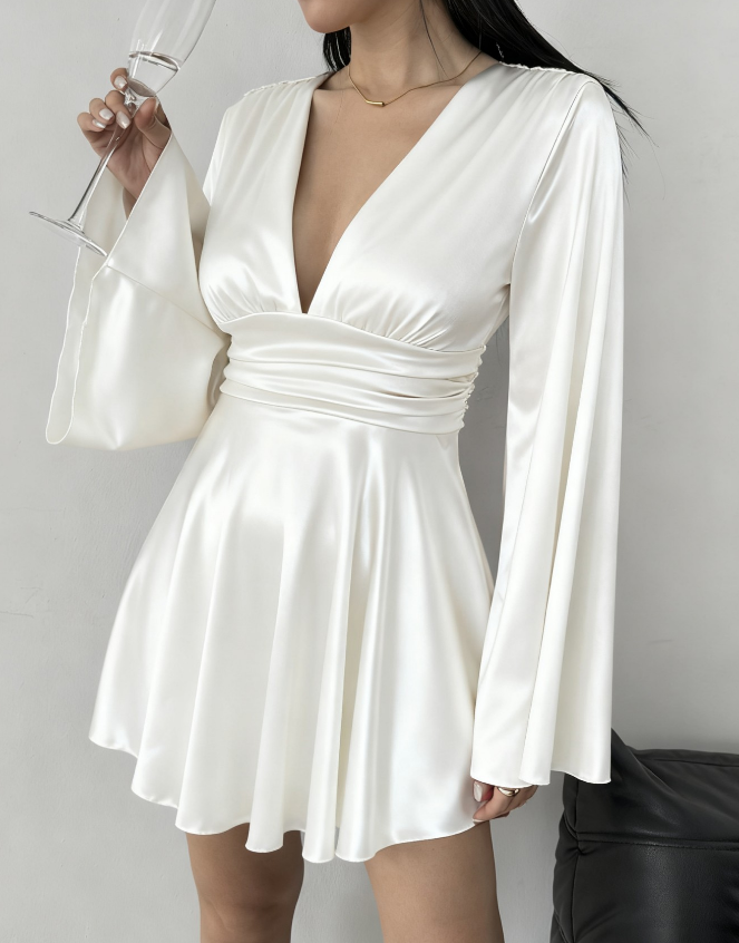 Elegant Solid Color V-Neck Long Sleeved Dress