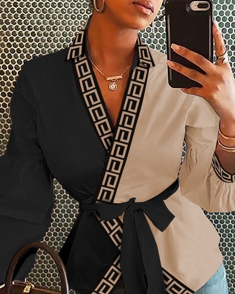 Temperament Pattern Printed Color Contrast Long Sleeved Top
