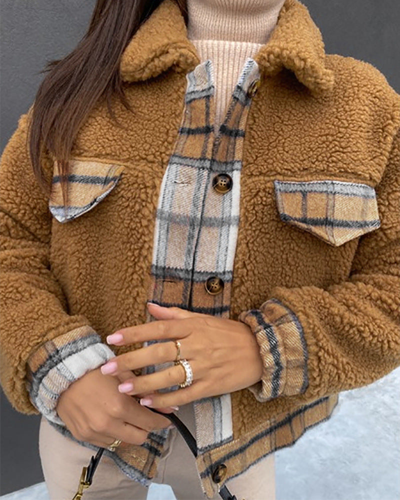 Temperament Plaid Splicing Long Sleeved Jacket