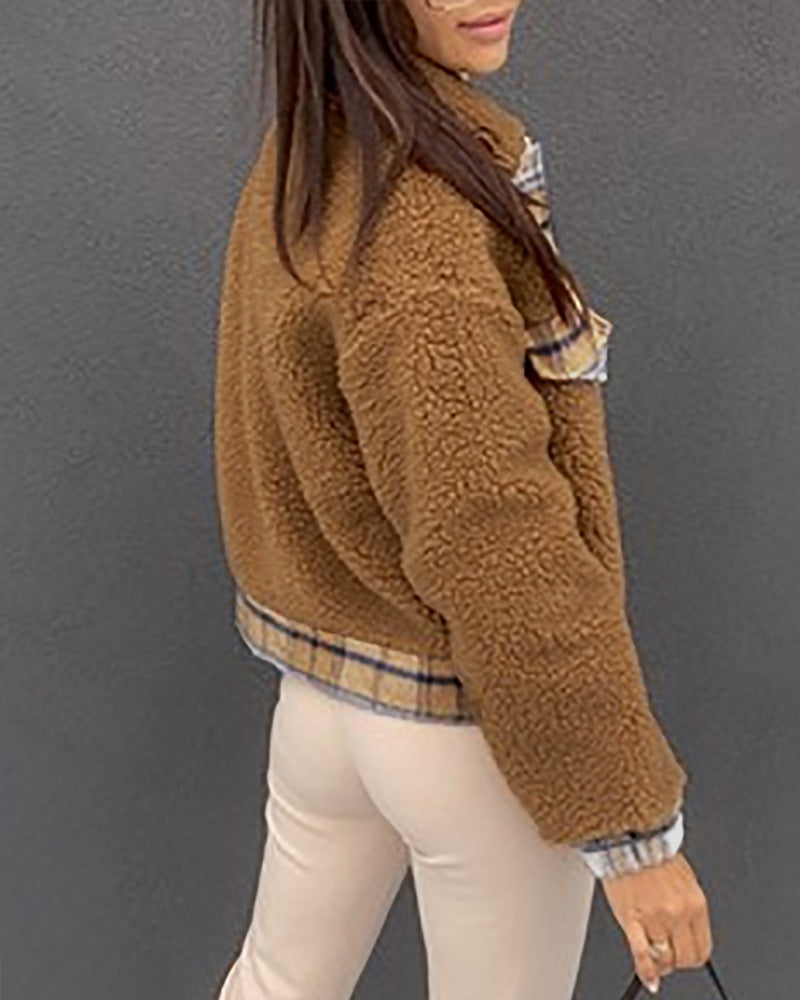 Temperament Plaid Splicing Long Sleeved Jacket