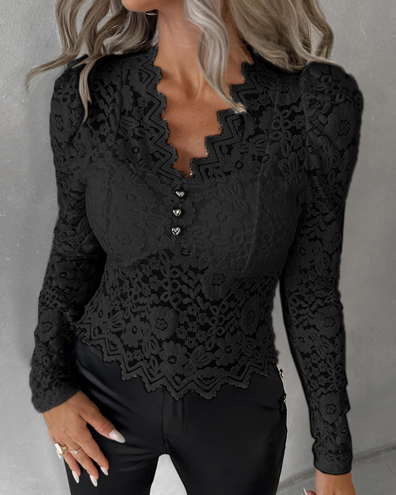 V-Neck Lace Long Sleeve Temperament Tops Shirts