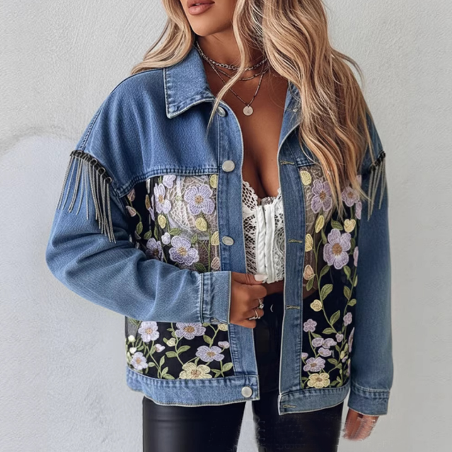 Women'S Embroidered Floral Lace Patchwork Blue Casual Denim Jacket