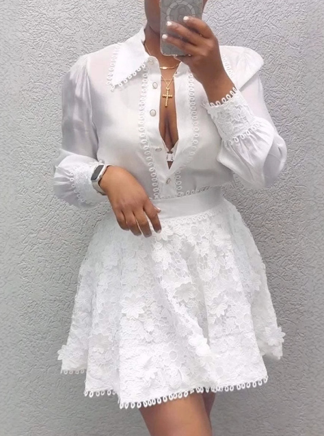 White Women'S Lace Button Two-Piece Set