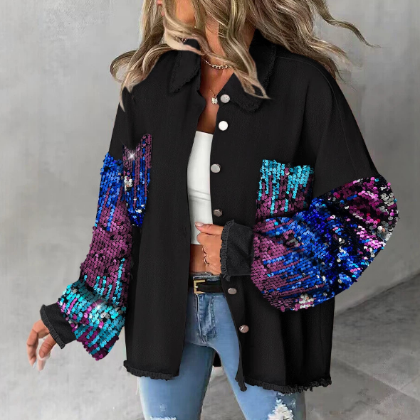 Temperament Bead Splicing Long Sleeved Jacket
