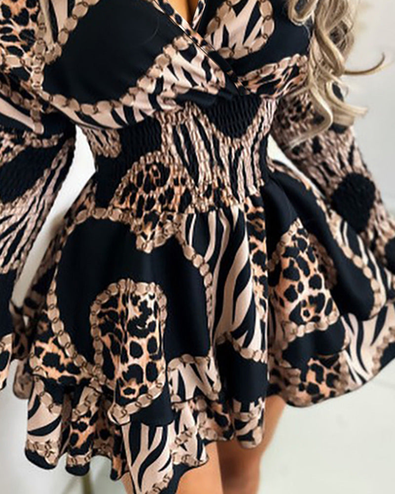 Long Sleeved V-Neck Chain Print Ruffled Dress