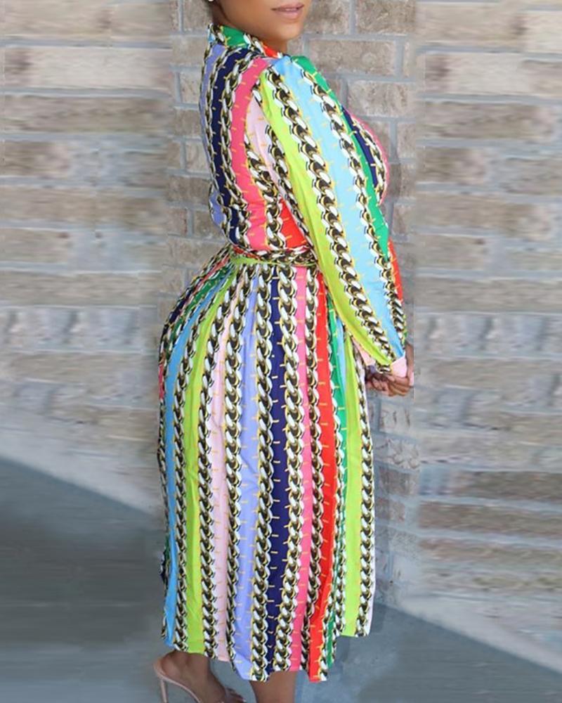 Women'S Striped Printed Long Sleeved Dress