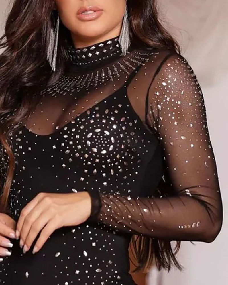 Casual Rhinestone Long Sleeved Tight Fitting Dress