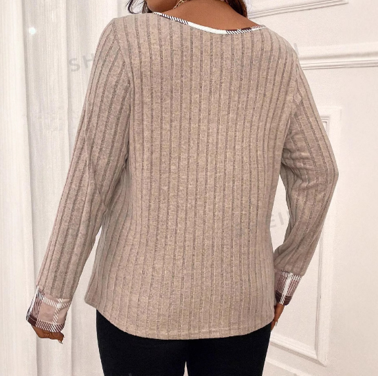 Women'S Plaid Printed Patchwork V-Neck Casual Long Sleeve Top
