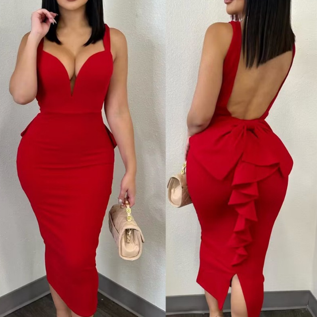 Solid Color Backless Ruffle Edge Splicing V-Neck Slim Dress