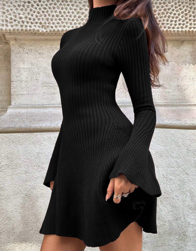 Long Sleeved Solid Color High Neck Tight Knit Dress