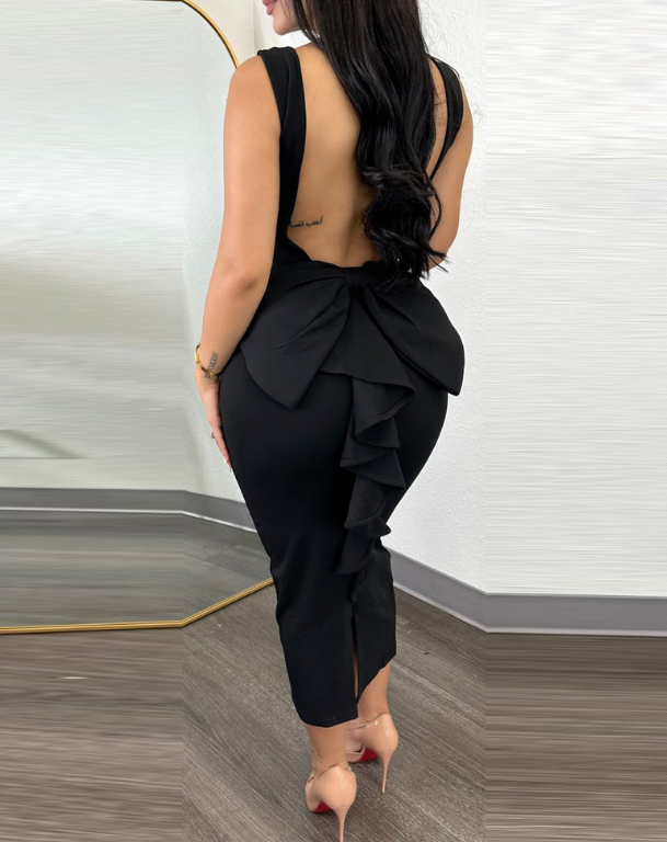 Solid Color Backless Ruffle Edge Splicing V-Neck Slim Dress