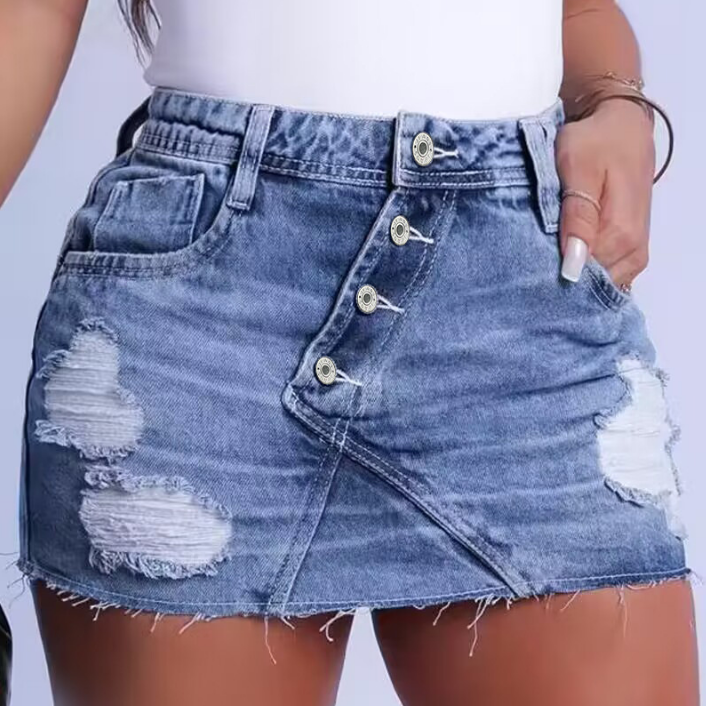 Sexy Button Stitching Irregular Perforated Denim Skirt