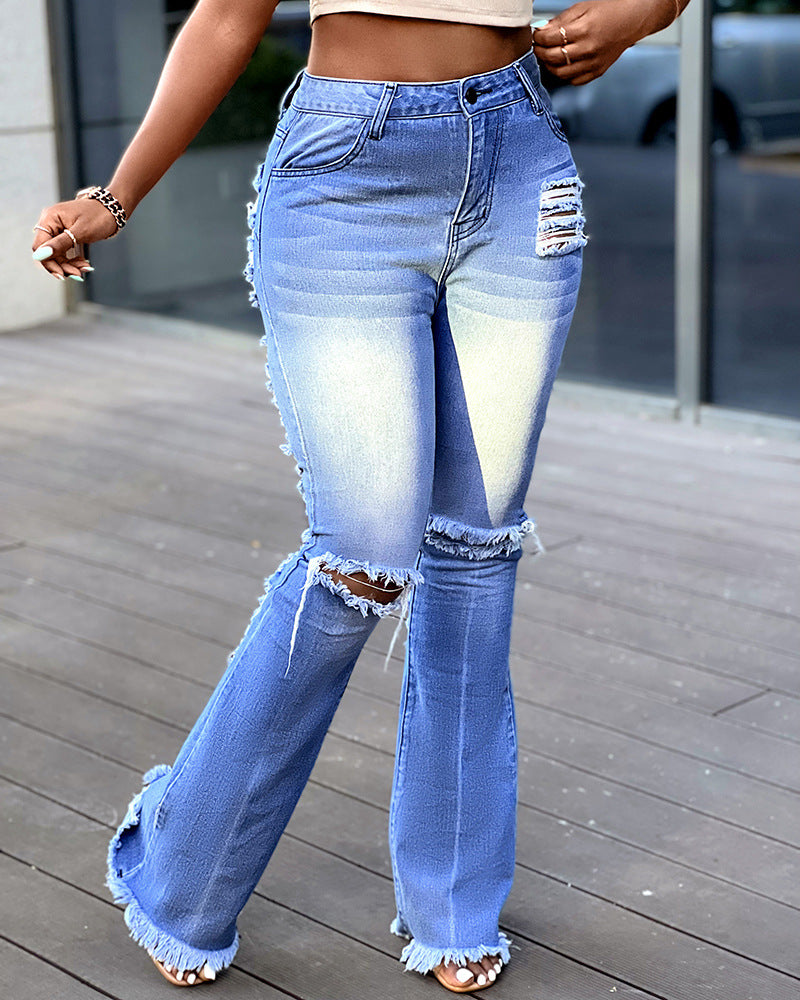 Elegant Temperament Sexy Blue Distressed Tight Jeans