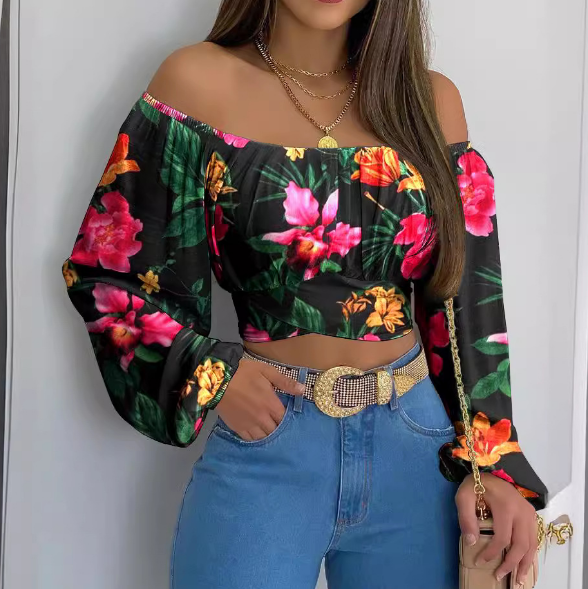 Women'S Printed One Shoulder Long Sleeve Top