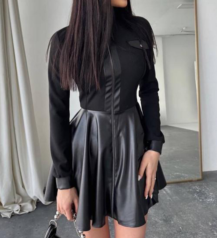 Black Zippered Pocket Patchwork Long Sleeved Dress