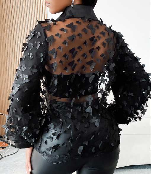 Women'S Butterfly Black Long Sleeved Top