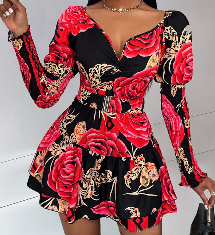 Flower Printed V-Neck Bubble Sleeve Dress
