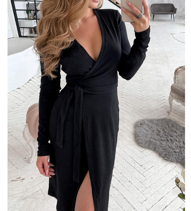 Sexy Black V-neck Long Sleeve Dress