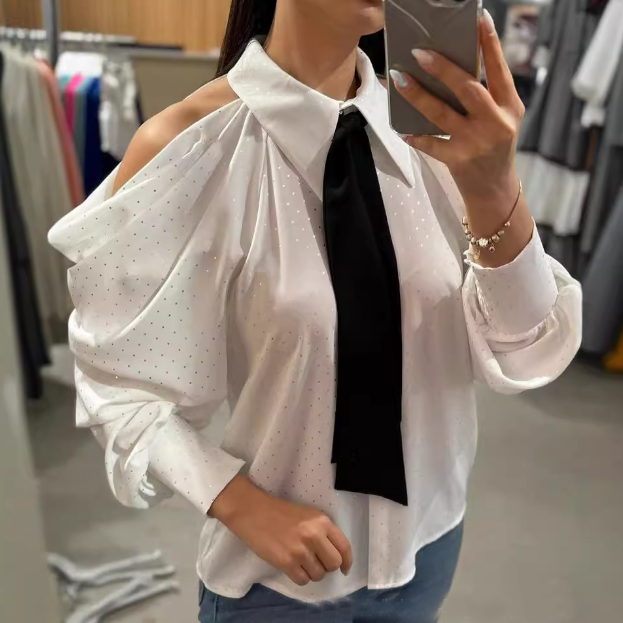 White Off Shoulder Casual Long Sleeved Shirt