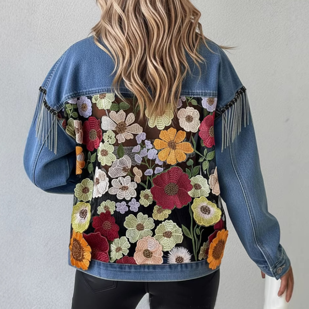 Women'S Embroidered Floral Lace Patchwork Blue Casual Denim Jacket