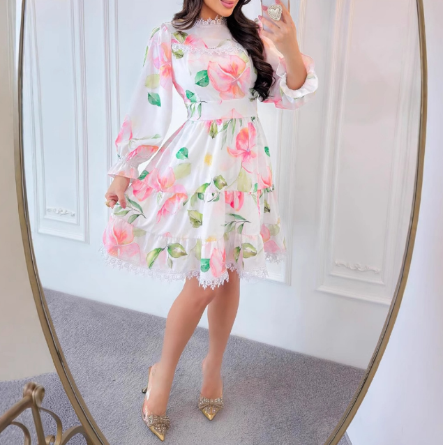Casual Lace Patchwork Floral Print Flared Sleeve Dress