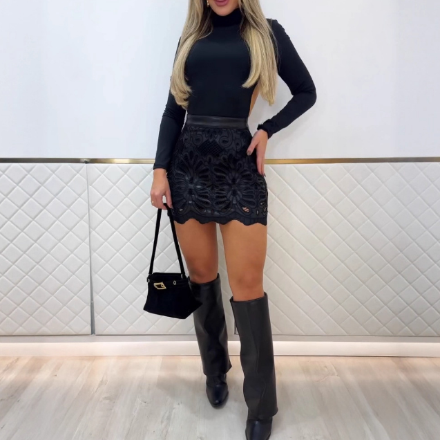 Solid Color Patterned Zipper Patchwork Hip Skirt