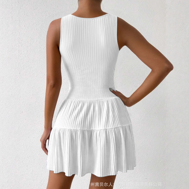 Solid Color Lace V-Neck Sleeveless Ruffle Edge Dress