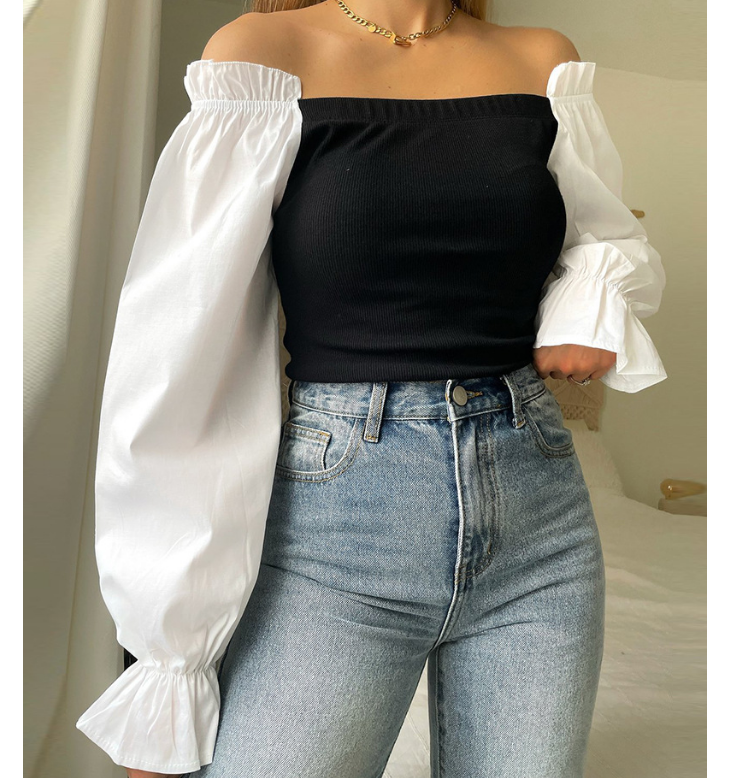 Long Sleeve Black Splicing A Single Collar Casual Top