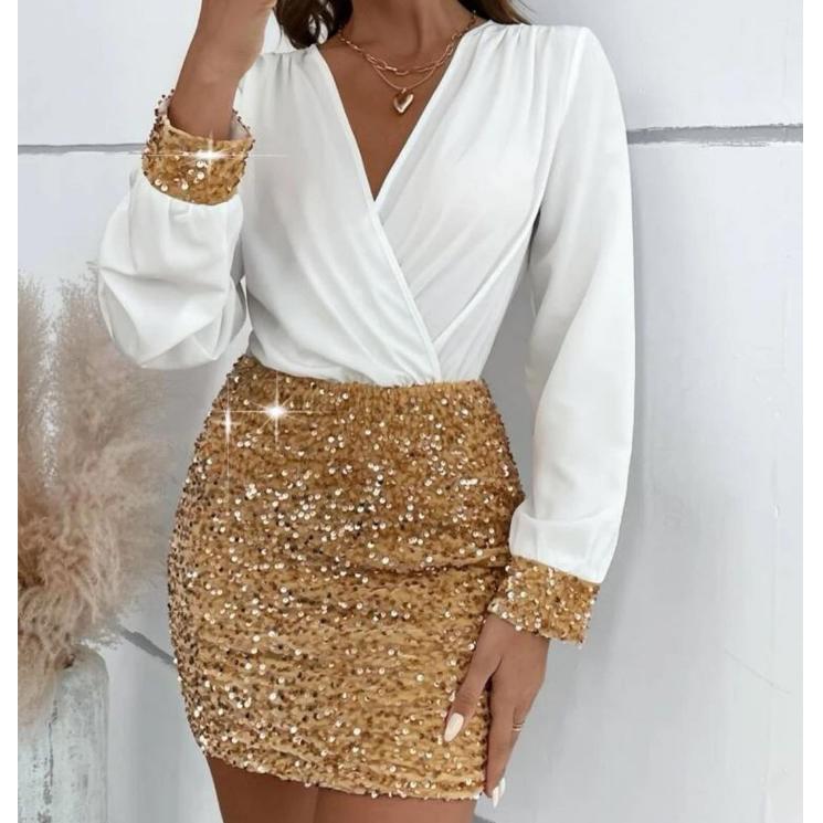 Fashion Sequins Spliced V-Neck Long Sleeved Dress