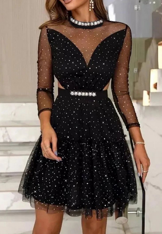 Womens Sexy Solid Color Long Sleeve Sequin Dress