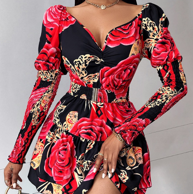 Flower Printed V-Neck Bubble Sleeve Dress