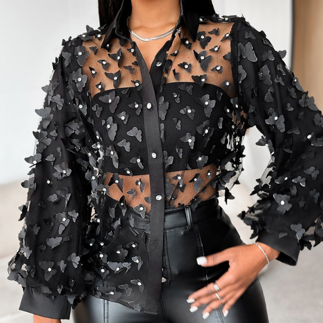 Women'S Butterfly Black Long Sleeved Top