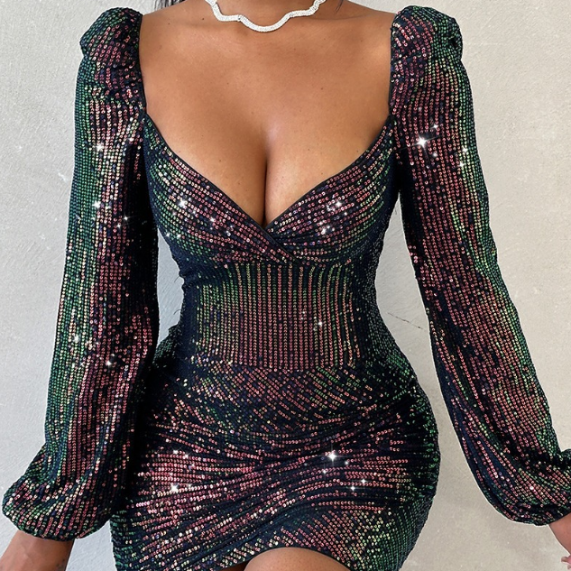 Long Sleeved Temperament Elegant Sequin Dress
