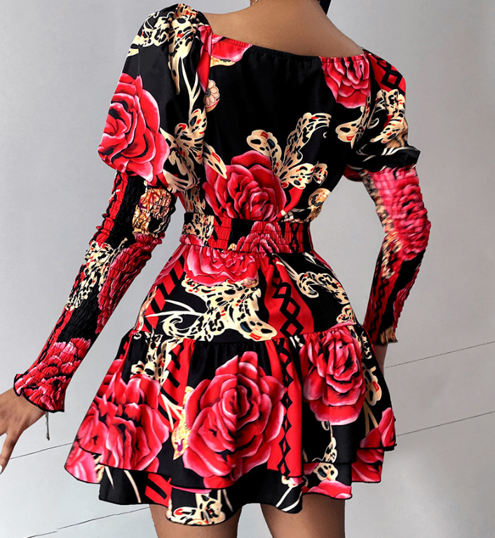 Flower Printed V-Neck Bubble Sleeve Dress