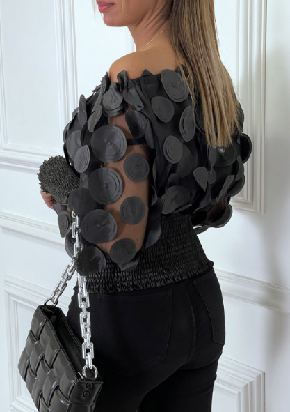 Black Mesh One-Shoulder Puff-Sleeve Shirt