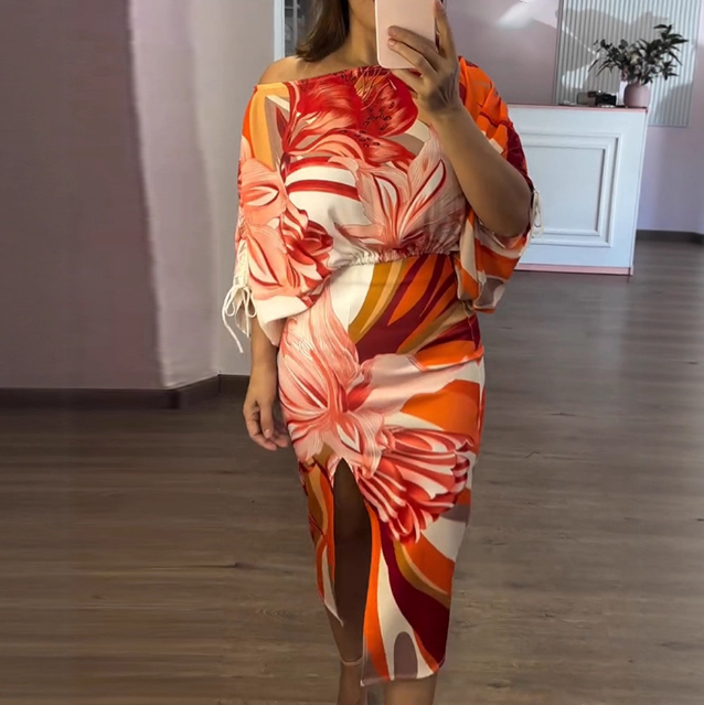 Design Loose Floral Prints High Waisted Hip Hugging Dress