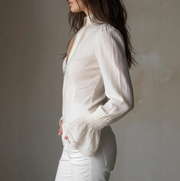 Women'S Splicing White Zipper Long Sleeved Top