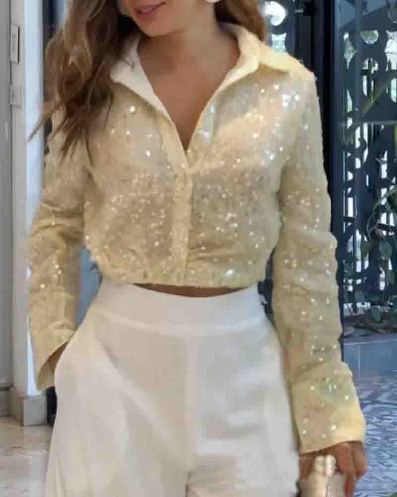 Elegant Long Sleeve Yellow Glitter Shirt