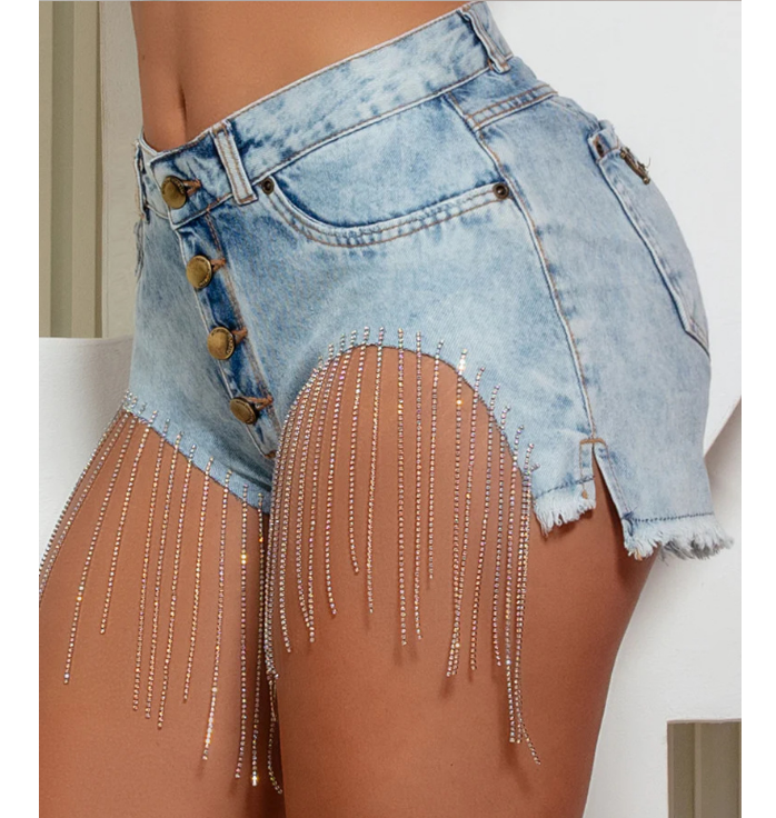 Diamond Chain Splicing Single Breasted Tight Denim Shorts
