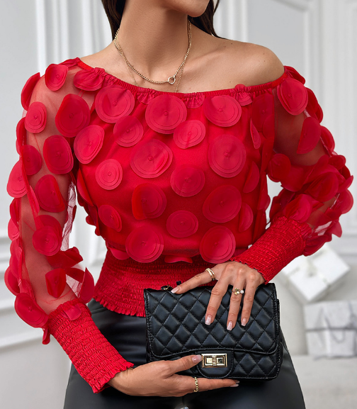 Black Mesh One-Shoulder Puff-Sleeve Shirt