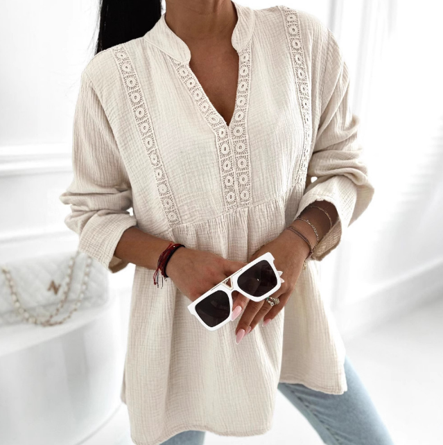 Long Sleeved V-Neck Lace Patchwork Loose Shirt