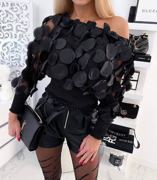 Black Mesh One-Shoulder Puff-Sleeve Shirt