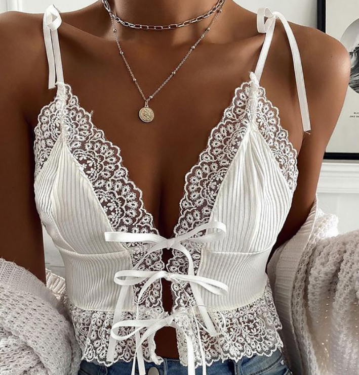 V-Neck White Splicing Lace Sling Shirt Top