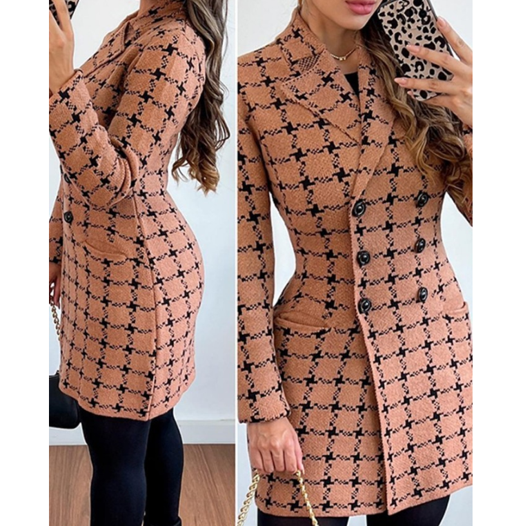Leisure Long Sleeved Plaid Printed Double Breasted Jacket