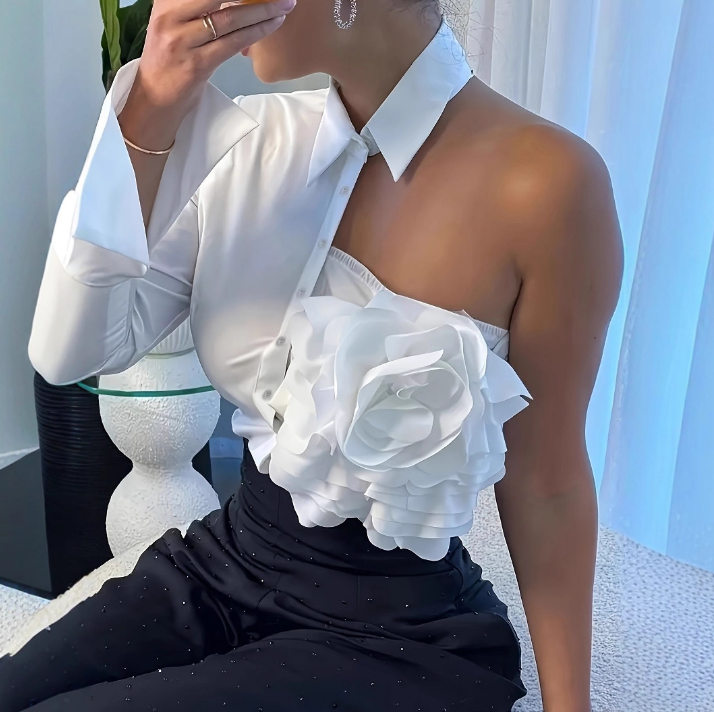 Design Flowers Fashionable And Elegant White Shirt Top