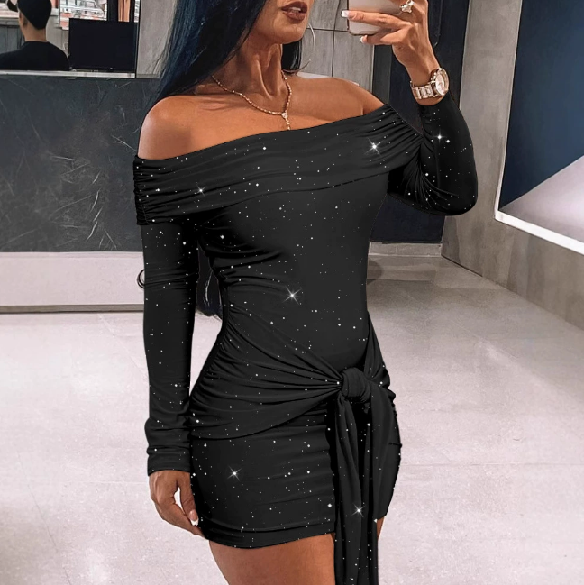 One Shoulder Tight Fitting Long Sleeves Wrap The Buttocks Dress