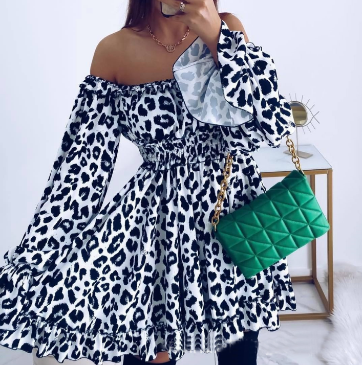 One Shoulder Leopard Print Long Sleeve Dress